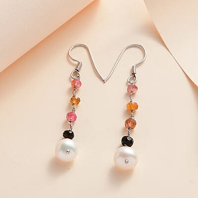 Freshwater Pearl and Multi Sapphire Earrings in Sterling Silver 2.00 ctw