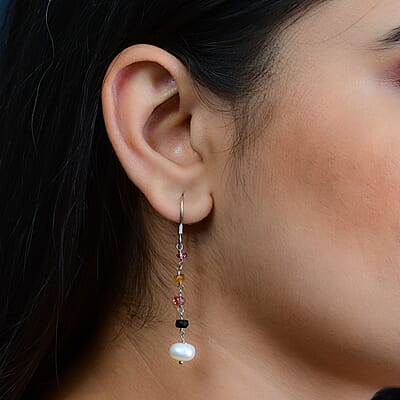Freshwater Pearl and Multi Sapphire Earrings in Sterling Silver 2.00 ctw