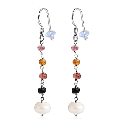Freshwater Pearl and Multi Sapphire Earrings in Sterling Silver 2.00 ctw