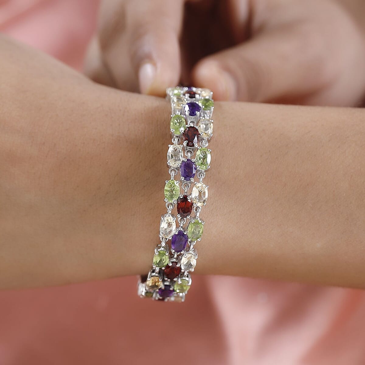 Multi Gemstone Adjustable Bracelet in Platinum Over Sterling Silver (6.50-8.0In) 21.25 ctw image number 2