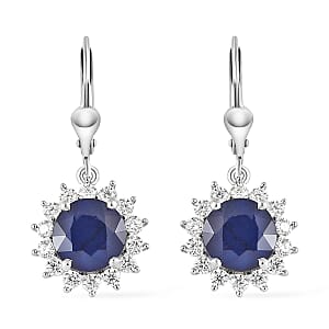 Madagascar Blue Sapphire (DF) and Moissanite Sunburst Dangle Earrings in Platinum Over Sterling Silver 6.50 ctw