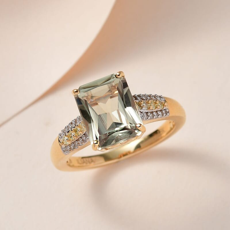Iliana 18K Yellow Gold Radiant Cut AAA Turkizite, SI Natural Yellow and White Diamond Ring (Size 6.0) 4.15 Grams 4.10 ctw