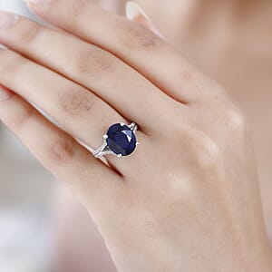 Madagascar Blue Sapphire (DF) and Moissanite Ring in Platinum Over Sterling Silver (Size 9.0) 6.30 ctw
