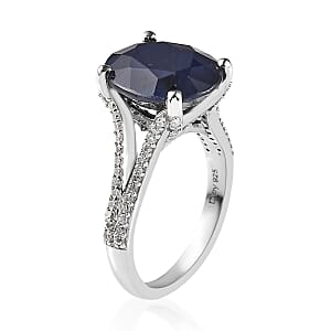 Madagascar Blue Sapphire (DF) and Moissanite Ring in Platinum Over Sterling Silver (Size 9.0) 6.30 ctw