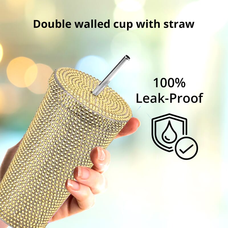 Champagne Crystal Studded Double Walled Reusable Leak Proof Stainless Cup with Straw 18oz, Quencher Travel Tumbler
