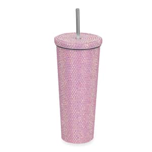 Pink Crystal Studded Double Walled Reusable Leak Proof Stainless Cup with Straw 24oz, Quencher Travel Tumbler