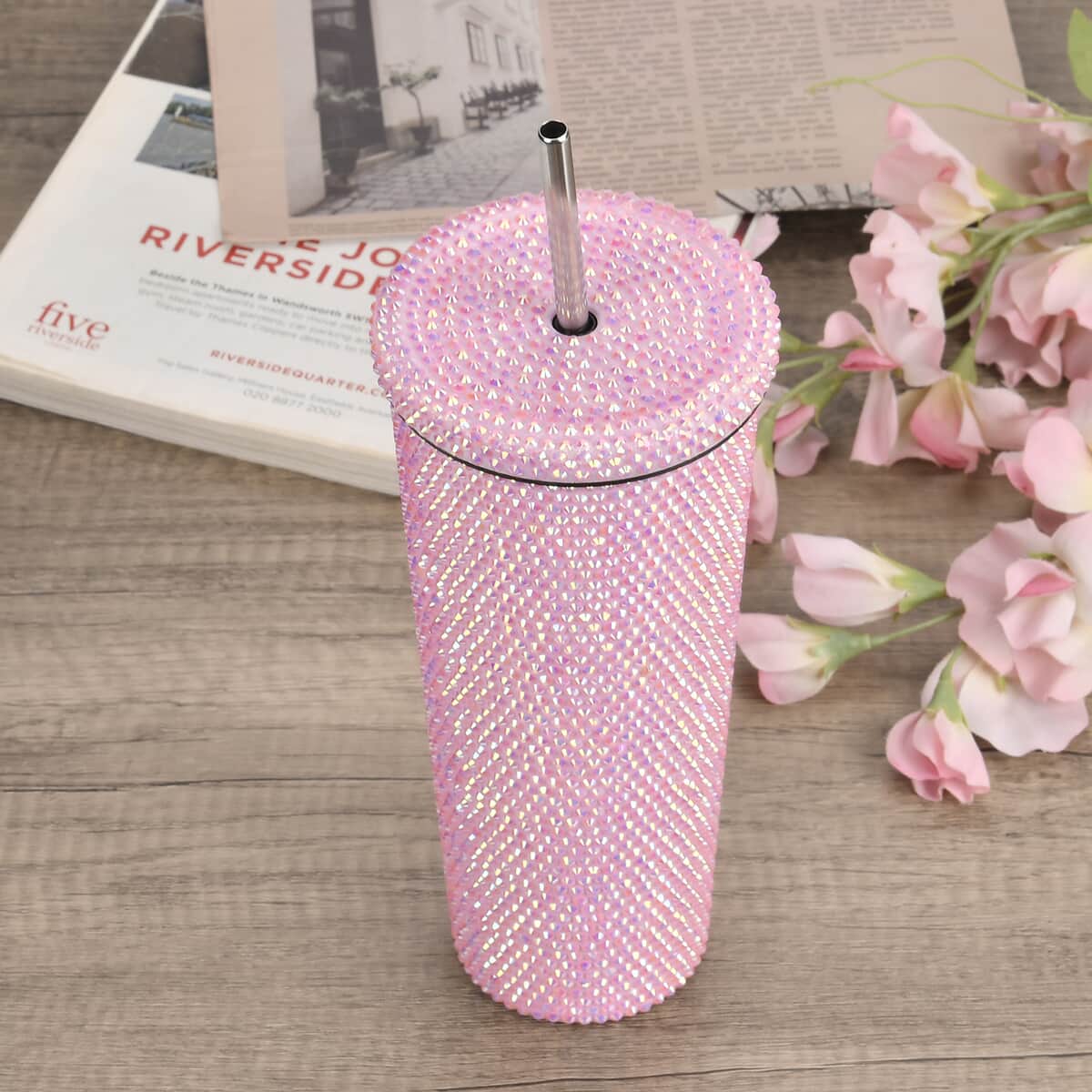 Pink Crystal Studded Double Walled Reusable Leak Proof Stainless Cup with Straw 24oz, Quencher Travel Tumbler image number 1