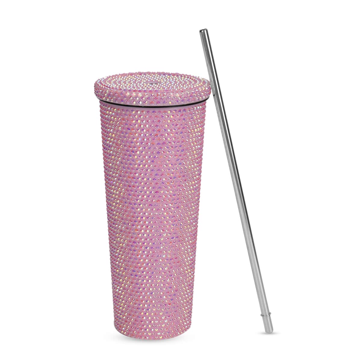 Pink Crystal Studded Double Walled Reusable Leak Proof Stainless Cup with Straw 24oz, Quencher Travel Tumbler image number 2