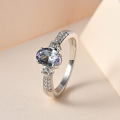 Peacock Tanzanite and White Zircon Ring in Platinum Over Sterling Silver (Size 10.0) 1.00 ctw