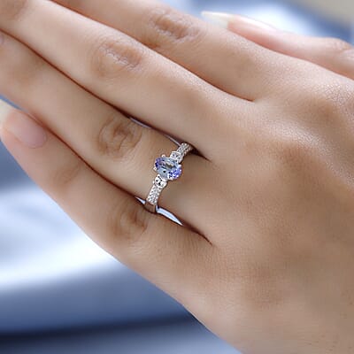 Peacock Tanzanite and White Zircon Ring in Platinum Over Sterling Silver (Size 10.0) 1.00 ctw