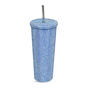 Blue Crystal Studded Double Walled Reusable Leak Proof Stainless Cup with Straw 24oz, Quencher Travel Tumbler