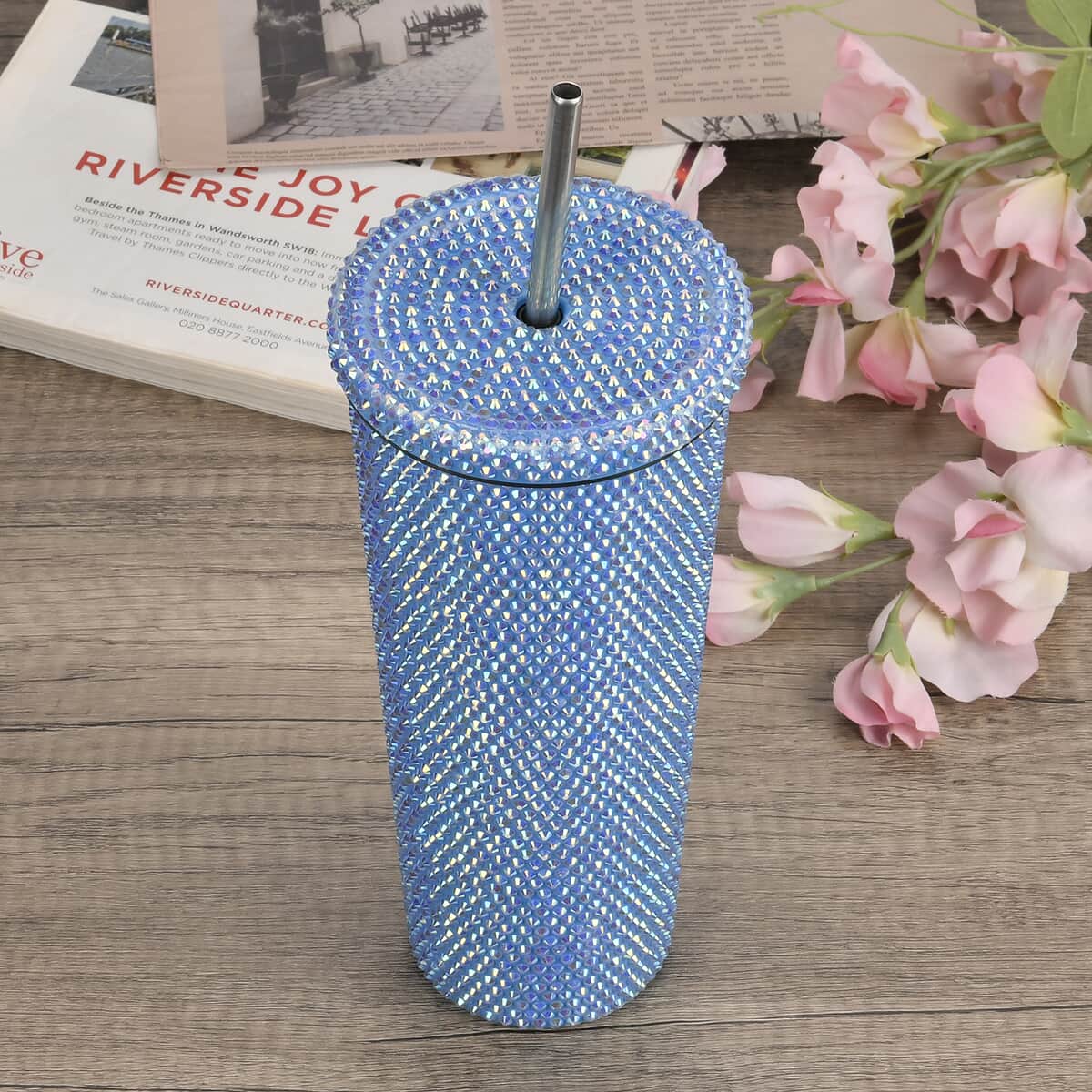 Blue Crystal Studded Double Walled Reusable Leak Proof Stainless Cup with Straw 24oz, Quencher Travel Tumbler image number 1