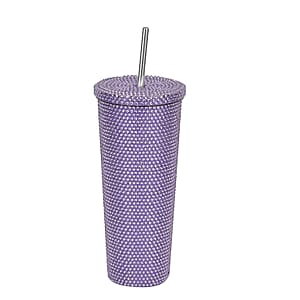 Crystal Studded Double Walled Reusable Leak Proof Stainless Cup with Straw 24oz, Quencher Travel Tumbler - Purple