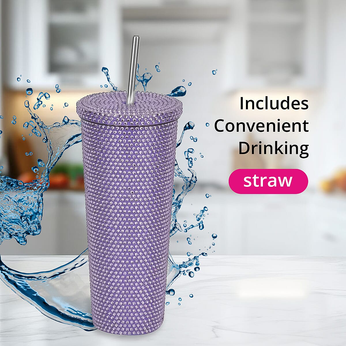 Crystal Studded Double Walled Reusable Leak Proof Stainless Cup with Straw 24oz, Quencher Travel Tumbler - Purple image number 1