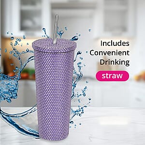 Crystal Studded Double Walled Reusable Leak Proof Stainless Cup with Straw 24oz, Quencher Travel Tumbler - Purple