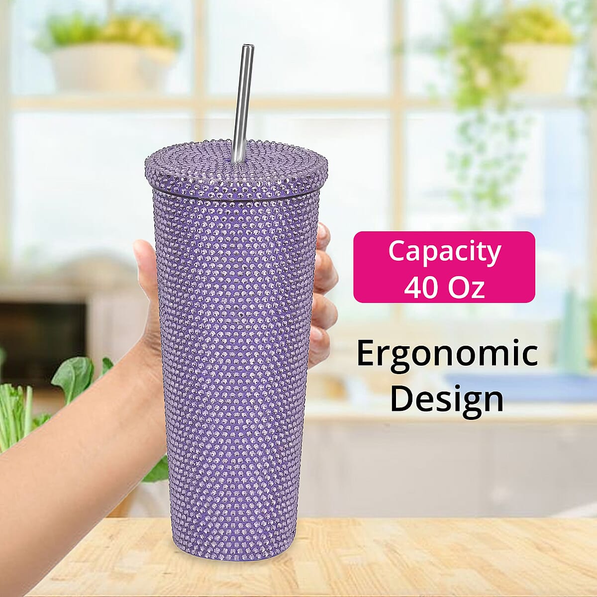 Crystal Studded Double Walled Reusable Leak Proof Stainless Cup with Straw 24oz, Quencher Travel Tumbler - Purple image number 2