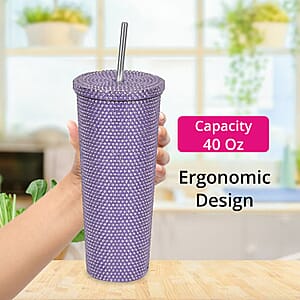 Crystal Studded Double Walled Reusable Leak Proof Stainless Cup with Straw 24oz, Quencher Travel Tumbler - Purple