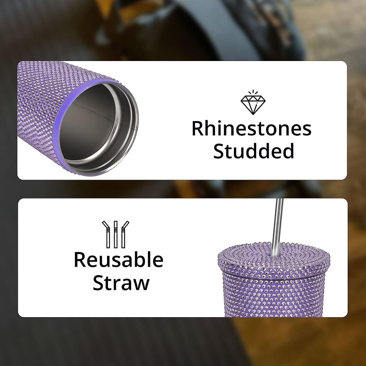 Crystal Studded Double Walled Reusable Leak Proof Stainless Cup with Straw 24oz, Quencher Travel Tumbler - Purple image number 3