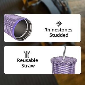 Crystal Studded Double Walled Reusable Leak Proof Stainless Cup with Straw 24oz, Quencher Travel Tumbler - Purple