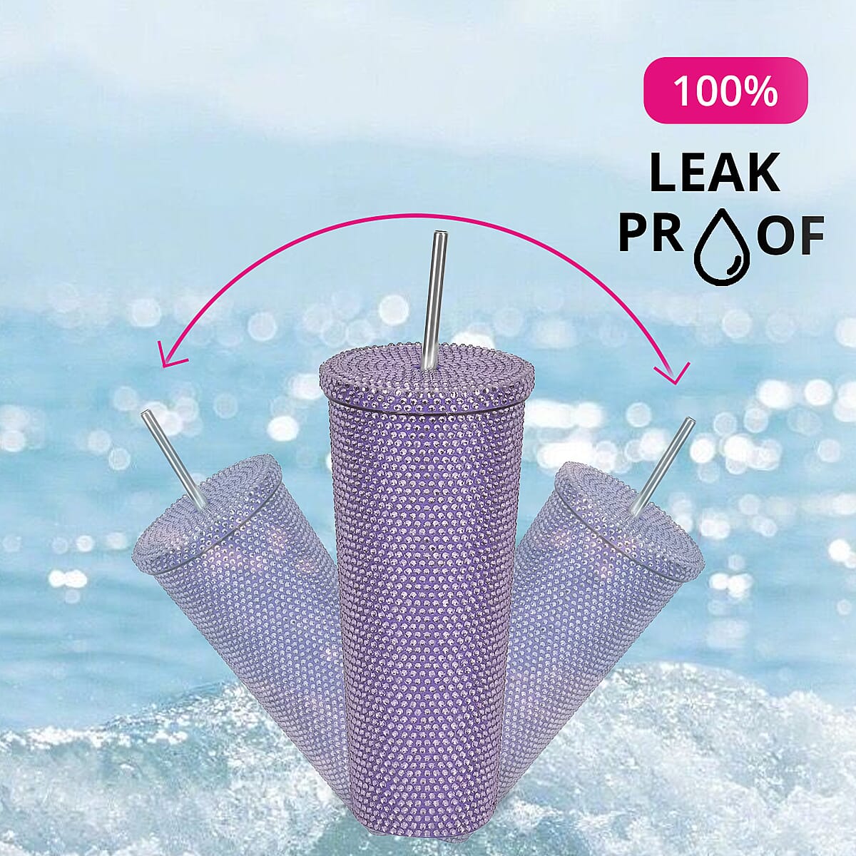 Crystal Studded Double Walled Reusable Leak Proof Stainless Cup with Straw 24oz, Quencher Travel Tumbler - Purple image number 4