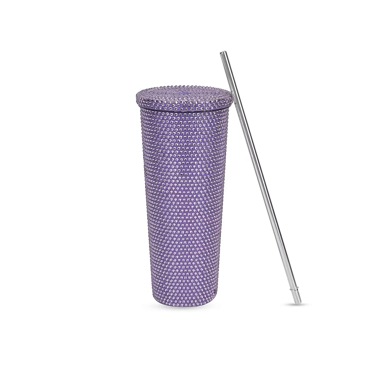 Crystal Studded Double Walled Reusable Leak Proof Stainless Cup with Straw 24oz, Quencher Travel Tumbler - Purple image number 6