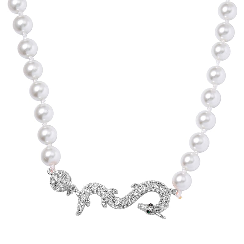 White Shell Pearl, Green and White Austrian Crystal Dragon Necklace in Silvertone 20 Inches