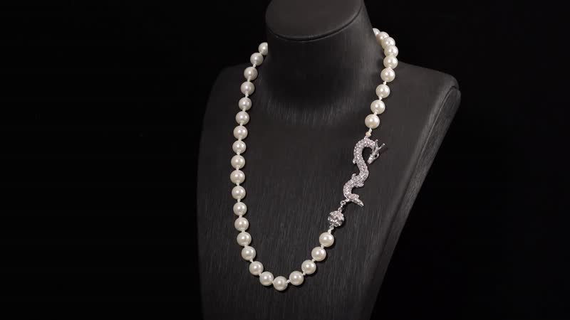 White Shell Pearl, Green and White Austrian Crystal Dragon Necklace 20 Inches in Silvertone