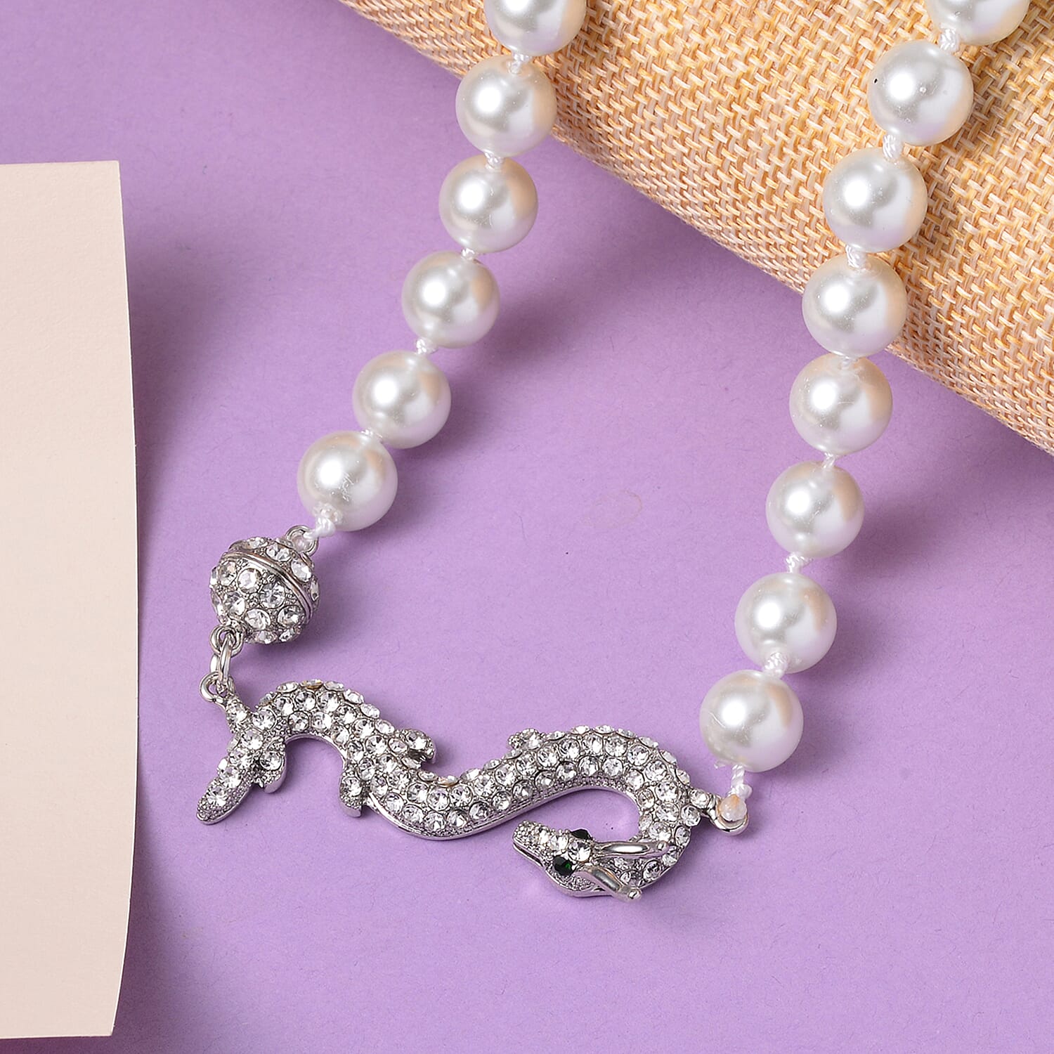 White Shell Pearl, Green and White Austrian Crystal Dragon Necklace in Silvertone 20 Inches