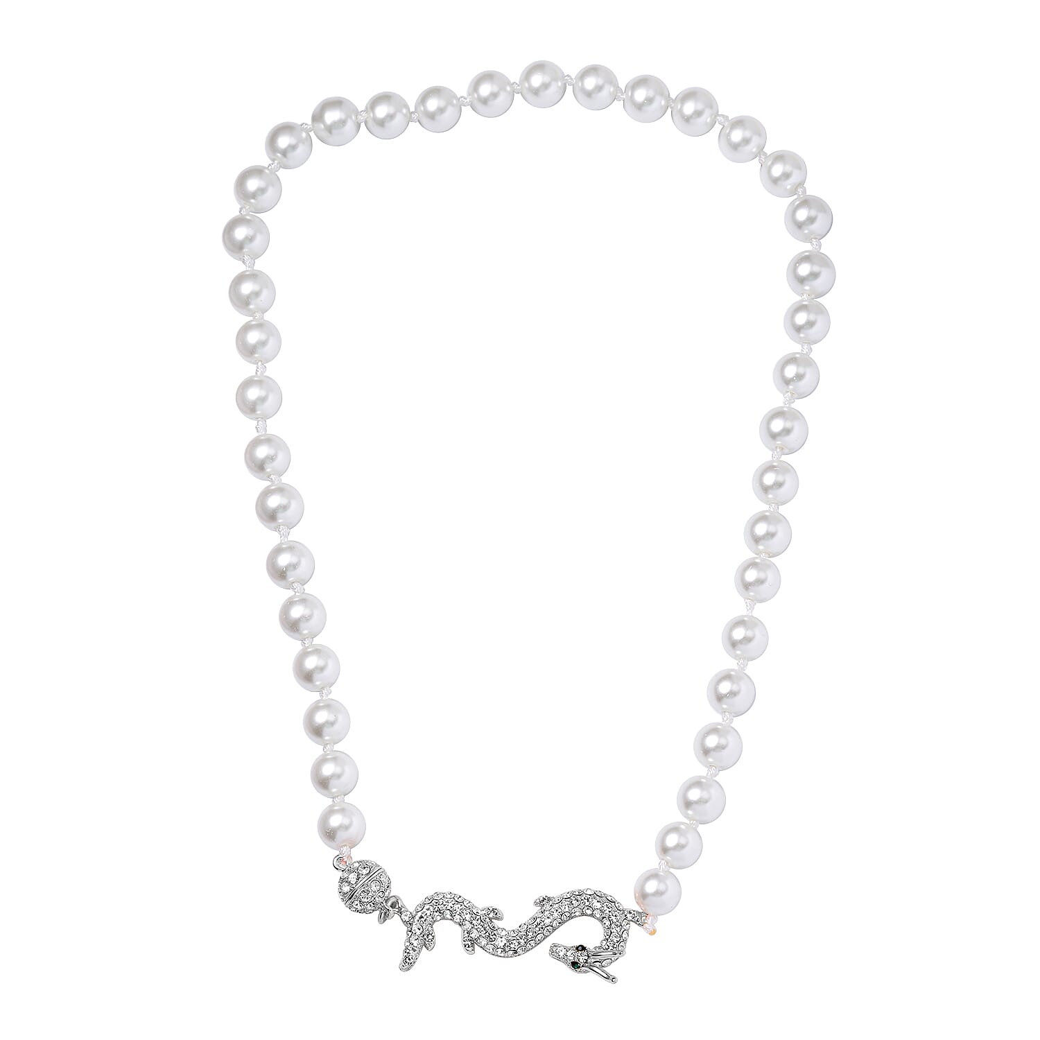 White Shell Pearl, Green and White Austrian Crystal Dragon Necklace in Silvertone 20 Inches