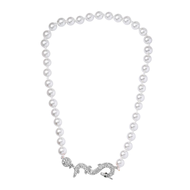 White Shell Pearl, Green and White Austrian Crystal Dragon Necklace in Silvertone 20 Inches