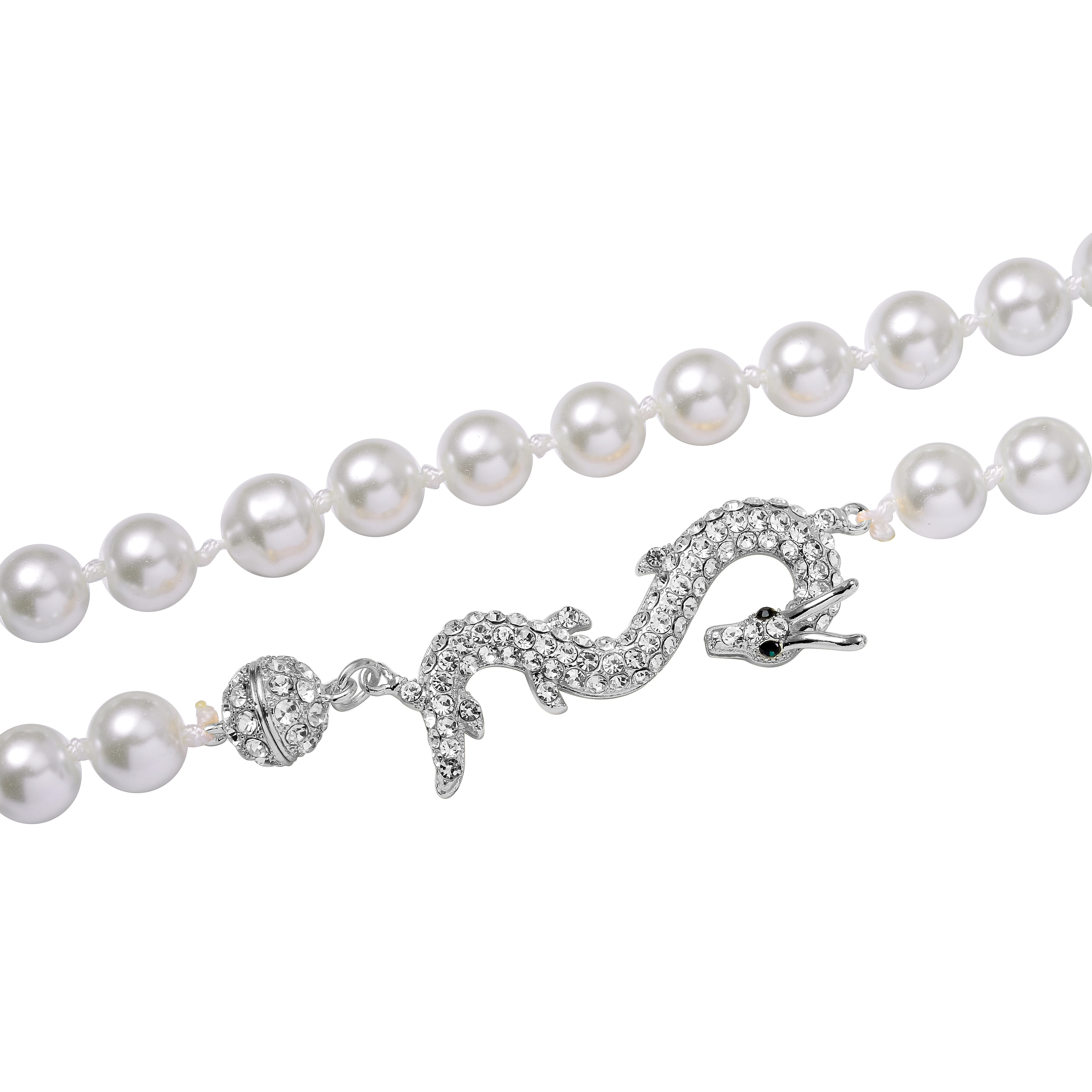 White Shell Pearl, Green and White Austrian Crystal Dragon Necklace in Silvertone 20 Inches