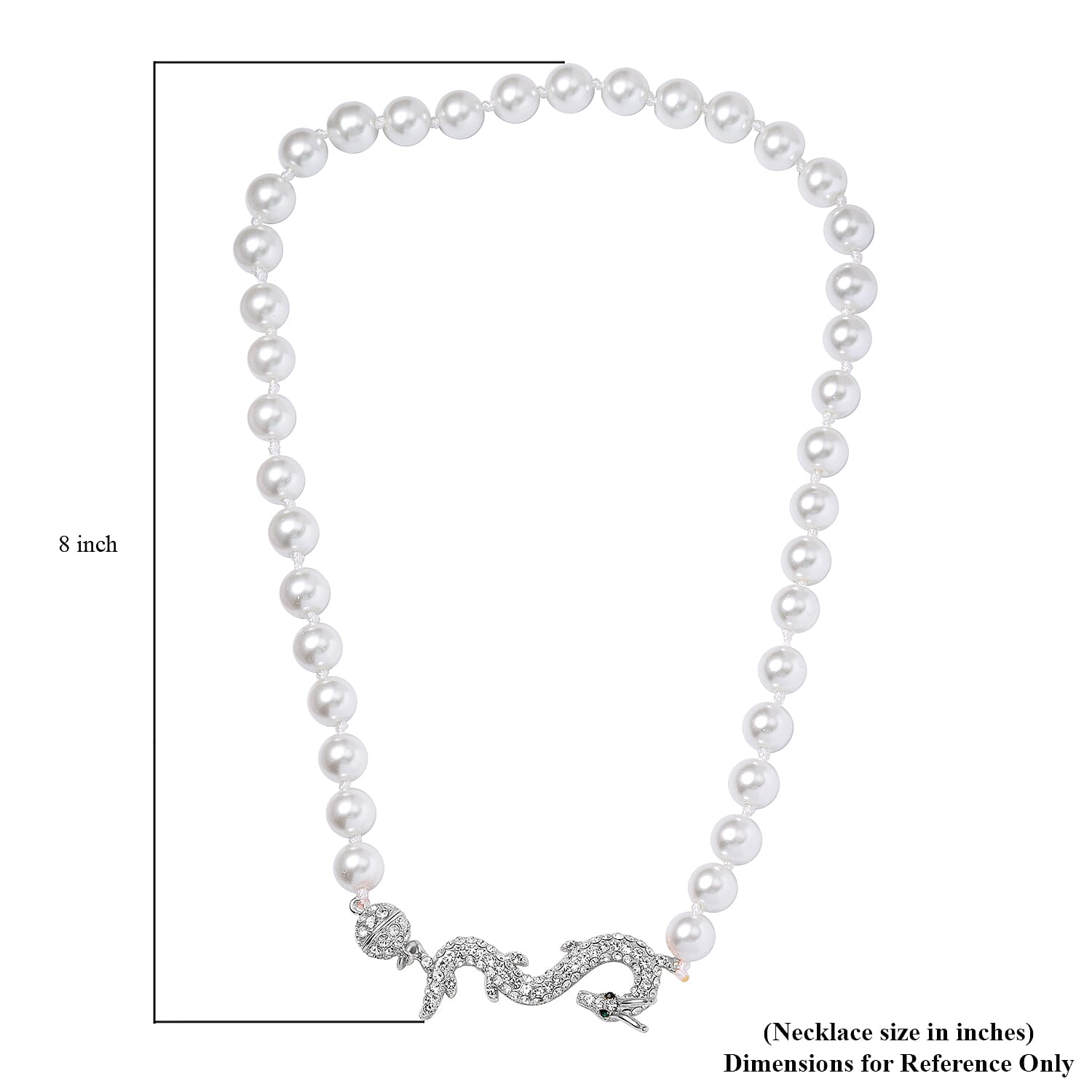White Shell Pearl, Green and White Austrian Crystal Dragon Necklace in Silvertone 20 Inches