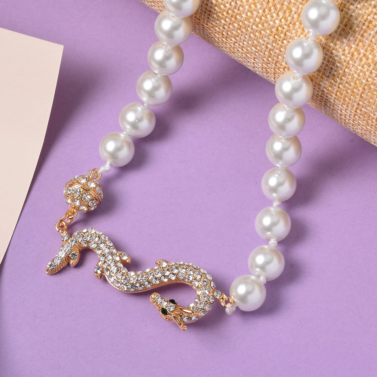 White Shell Pearl, Green and White Austrian Crystal Dragon Necklace in Goldtone 20 Inches image number 1