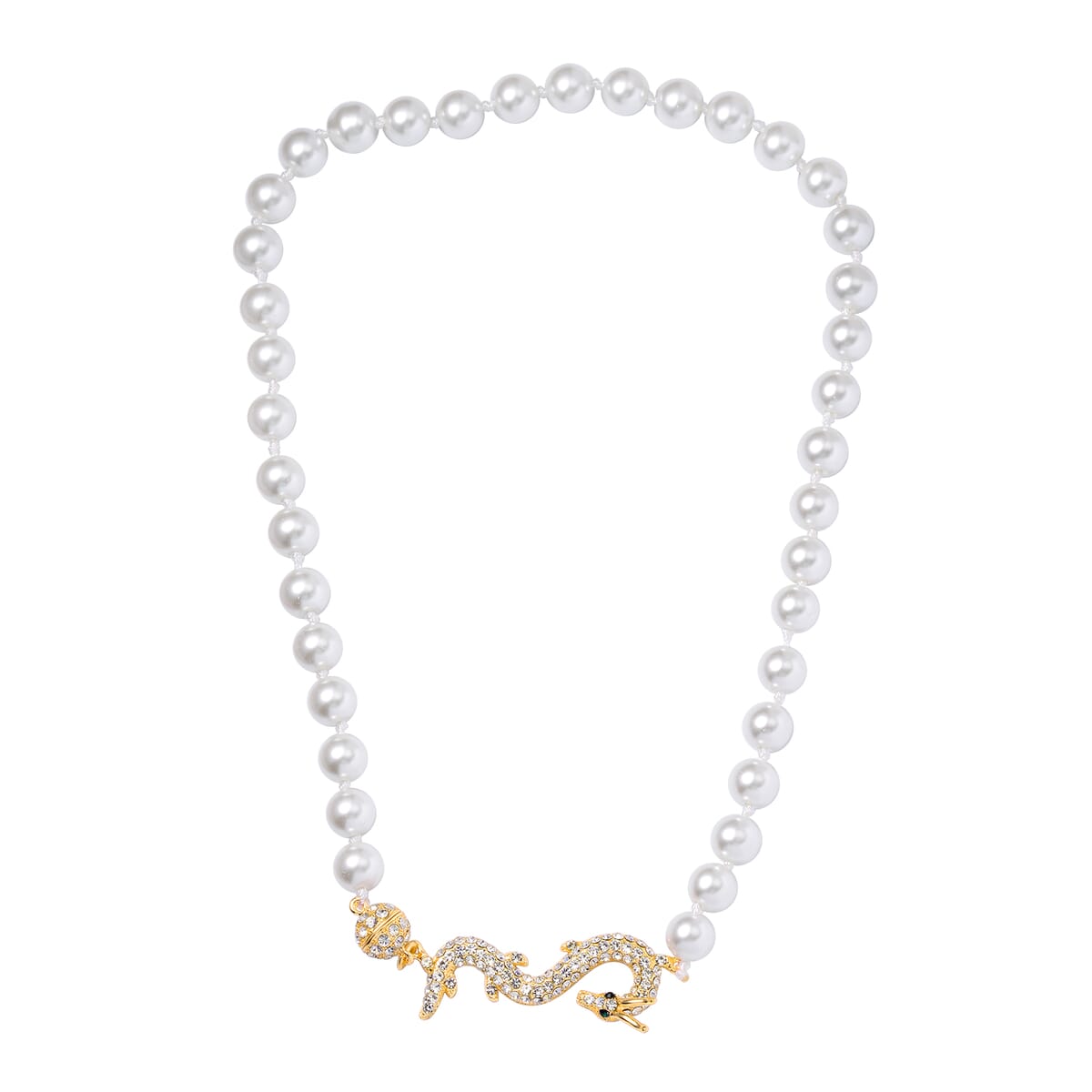 White Shell Pearl, Green and White Austrian Crystal Dragon Necklace in Goldtone 20 Inches image number 2