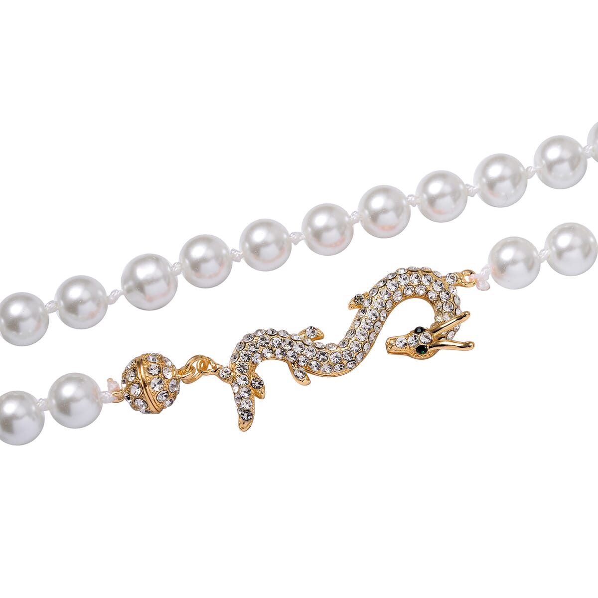 White Shell Pearl, Green and White Austrian Crystal Dragon Necklace in Goldtone 20 Inches image number 3