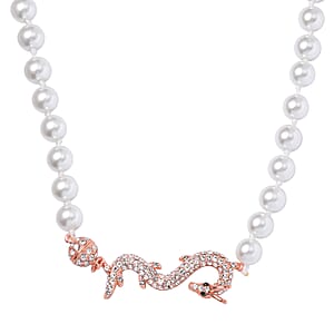 White Shell Pearl, Green and White Austrian Crystal Dragon Necklace in Rosetone 20 Inches