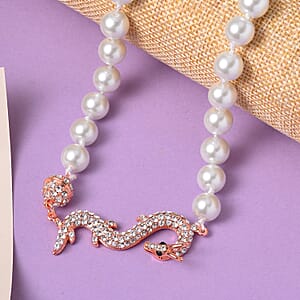 White Shell Pearl, Green and White Austrian Crystal Dragon Necklace in Rosetone 20 Inches