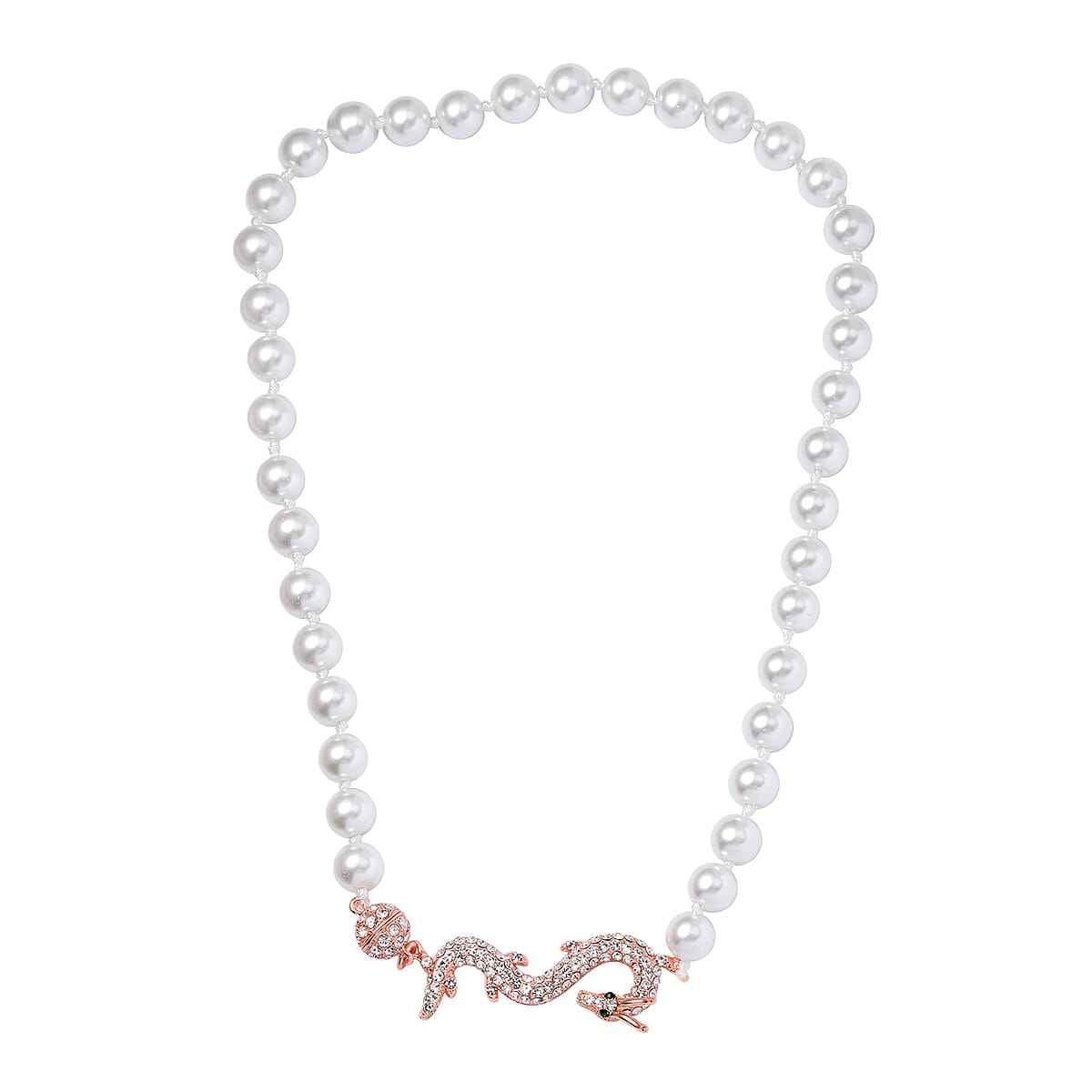 White Shell Pearl, Green and White Austrian Crystal Dragon Necklace in Rosetone 20 Inches image number 2