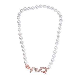 White Shell Pearl, Green and White Austrian Crystal Dragon Necklace in Rosetone 20 Inches