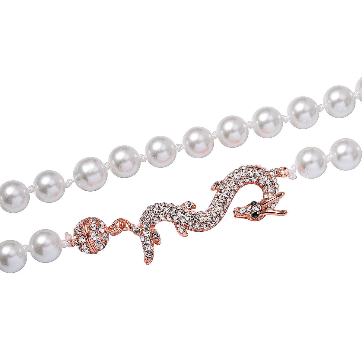 White Shell Pearl, Green and White Austrian Crystal Dragon Necklace in Rosetone 20 Inches image number 3
