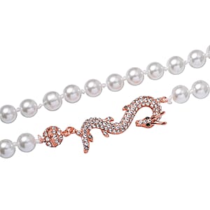 White Shell Pearl, Green and White Austrian Crystal Dragon Necklace in Rosetone 20 Inches