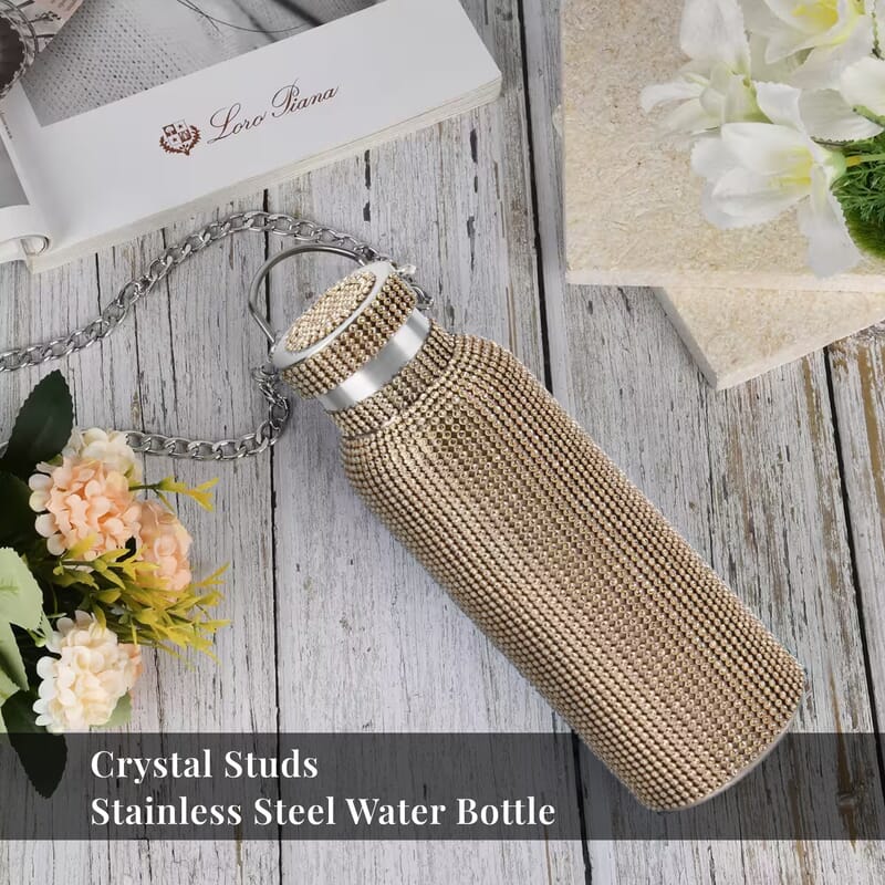 Champagne Rhinestone Crystal Double Walled Stainless Steel Water Bottle with Strap 20oz