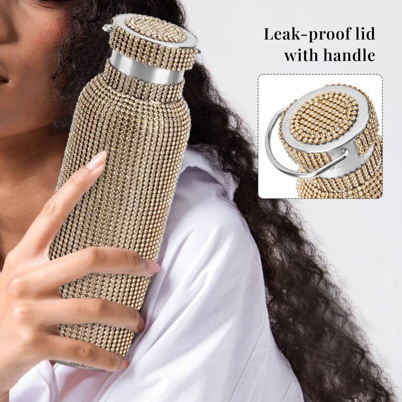 Champagne Rhinestone Crystal Double Walled Stainless Steel Water Bottle with Strap 20oz