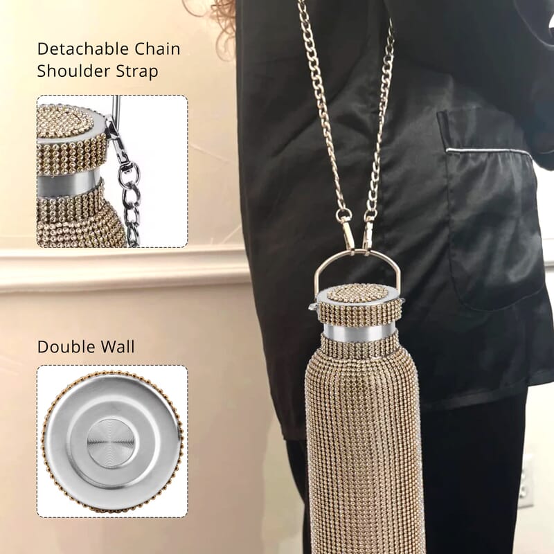 Champagne Rhinestone Crystal Double Walled Stainless Steel Water Bottle with Strap 20oz