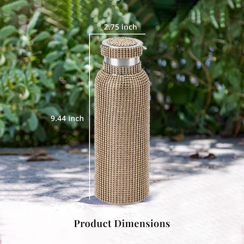 Champagne Rhinestone Crystal Double Walled Stainless Steel Water Bottle with Strap 20oz