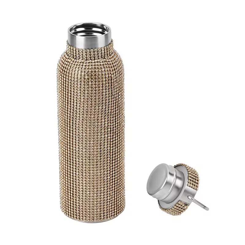 Champagne Rhinestone Crystal Double Walled Stainless Steel Water Bottle with Strap 20oz