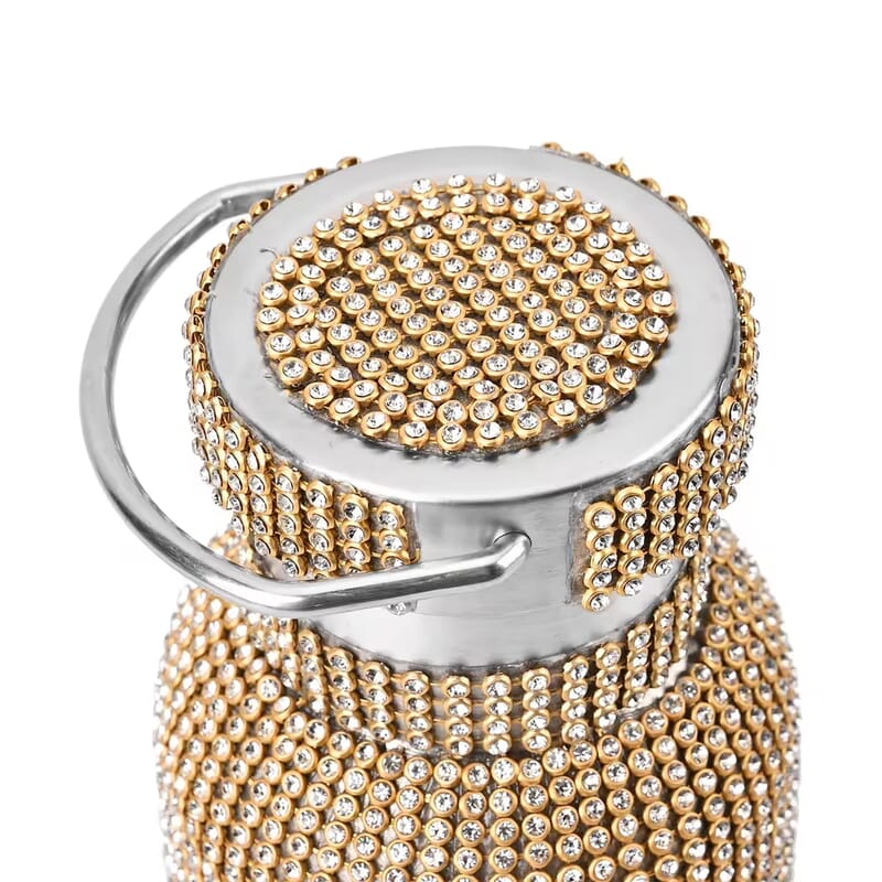 Champagne Rhinestone Crystal Double Walled Stainless Steel Water Bottle with Strap 20oz