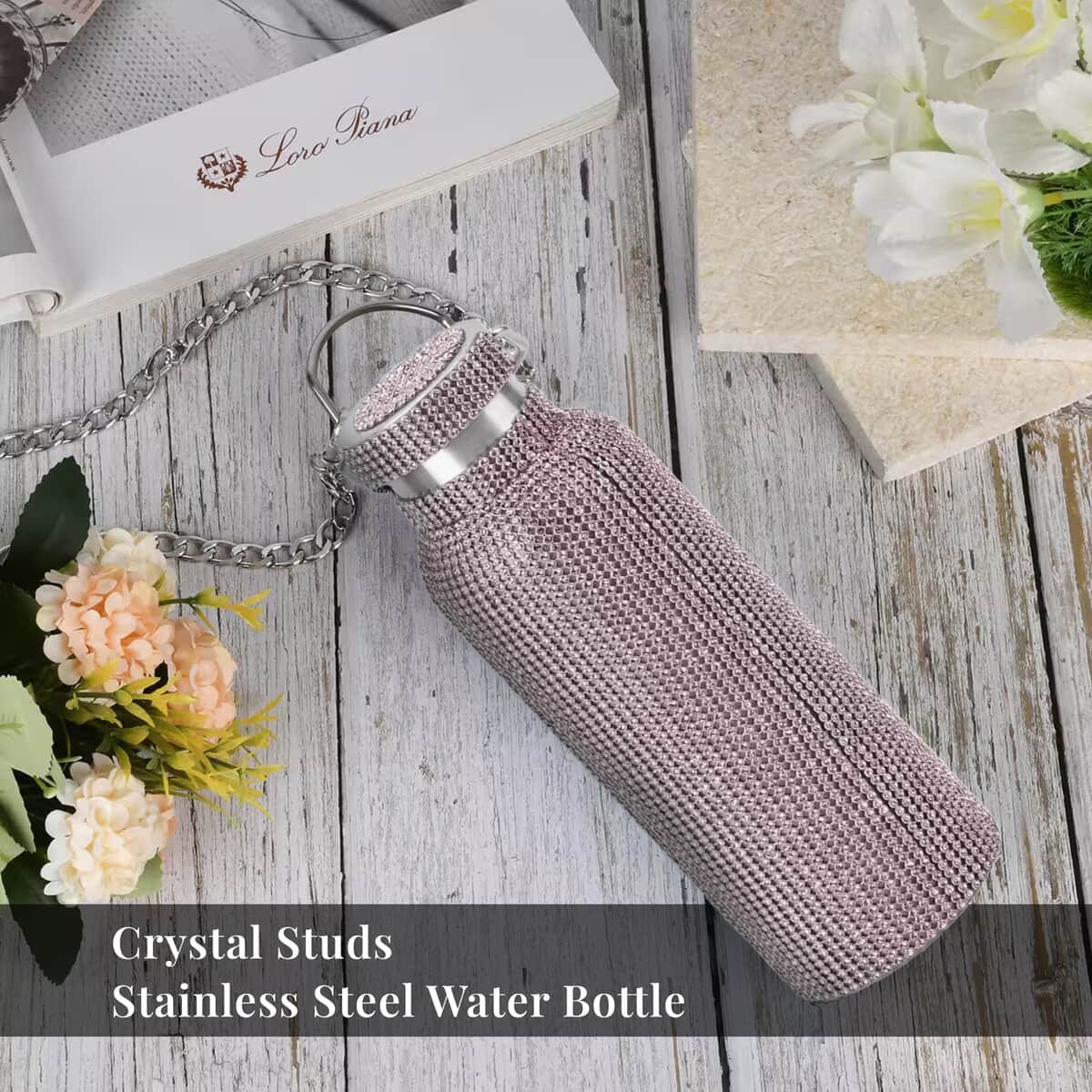 Doorbuster Pink Crystal Double Walled Stainless Steel Water Bottle with Detachable Chain Shoulder Strap 20oz image number 1