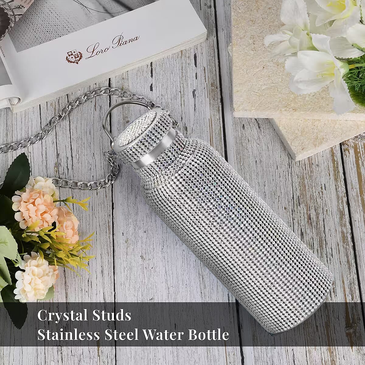 Multicolor Rhinestone Crystal Double Walled Stainless Steel Water Bottle with Strap 20oz image number 1