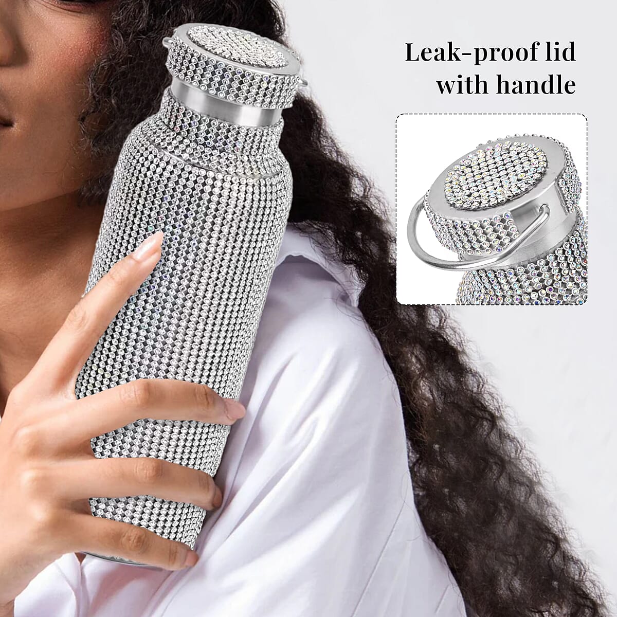 Multicolor Rhinestone Crystal Double Walled Stainless Steel Water Bottle with Strap 20oz image number 2